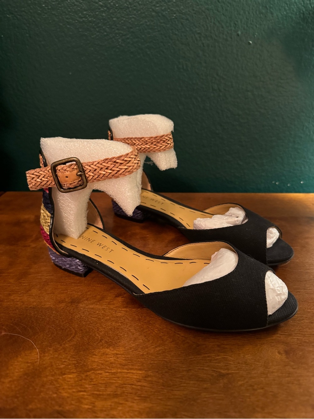 Nine West Black Open-Toe Sandals with Multicolor Braided Heel & Tan Ankle Strap
